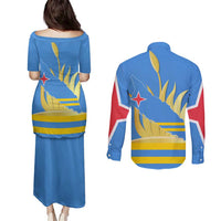 Aruba Flag Couples Matching Puletasi and Long Sleeve Button Shirt Elements Merged with Country's Shape – Unique National Design