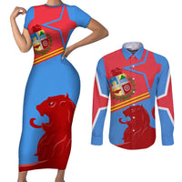 Aruba Flag Couples Matching Short Sleeve Bodycon Dress and Long Sleeve Button Shirt Elements Merged with Country's Shape – Unique National Design