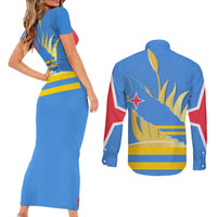 Aruba Flag Couples Matching Short Sleeve Bodycon Dress and Long Sleeve Button Shirt Elements Merged with Country's Shape – Unique National Design