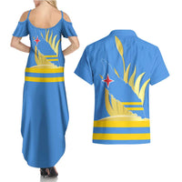 Aruba Flag Couples Matching Summer Maxi Dress and Hawaiian Shirt Elements Merged with Country's Shape – Unique National Design