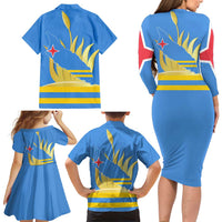 Aruba Flag Family Matching Long Sleeve Bodycon Dress and Hawaiian Shirt Elements Merged with Country's Shape – Unique National Design
