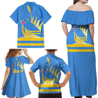 Aruba Flag Family Matching Off Shoulder Maxi Dress and Hawaiian Shirt Elements Merged with Country's Shape – Unique National Design