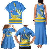 Aruba Flag Family Matching Tank Maxi Dress and Hawaiian Shirt Elements Merged with Country's Shape – Unique National Design