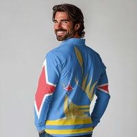 Aruba Flag Long Sleeve Polo Shirt Elements Merged with Country's Shape – Unique National Design