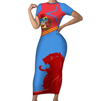 Aruba Flag Short Sleeve Bodycon Dress Elements Merged with Country's Shape – Unique National Design