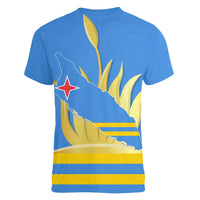 Aruba Flag Women V-Neck T-Shirt Elements Merged with Country's Shape – Unique National Design