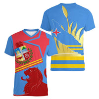 Aruba Flag Women V-Neck T-Shirt Elements Merged with Country's Shape – Unique National Design