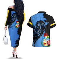 Aruba's Mascot Couples Matching Off The Shoulder Long Sleeve Dress and Hawaiian Shirt Blended with National Flag Details – Symbolic Design