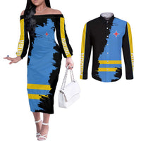 Aruba's Mascot Couples Matching Off The Shoulder Long Sleeve Dress and Long Sleeve Button Shirt Blended with National Flag Details – Symbolic Design