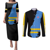 Aruba's Mascot Couples Matching Puletasi and Long Sleeve Button Shirt Blended with National Flag Details – Symbolic Design