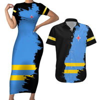 Aruba's Mascot Couples Matching Short Sleeve Bodycon Dress and Hawaiian Shirt Blended with National Flag Details – Symbolic Design