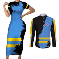 Aruba's Mascot Couples Matching Short Sleeve Bodycon Dress and Long Sleeve Button Shirt Blended with National Flag Details – Symbolic Design