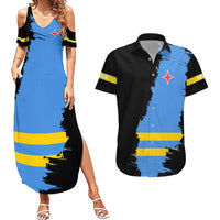 Aruba's Mascot Couples Matching Summer Maxi Dress and Hawaiian Shirt Blended with National Flag Details – Symbolic Design