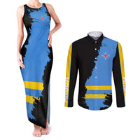 Aruba's Mascot Couples Matching Tank Maxi Dress and Long Sleeve Button Shirt Blended with National Flag Details – Symbolic Design