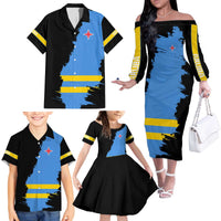Aruba's Mascot Family Matching Off The Shoulder Long Sleeve Dress and Hawaiian Shirt Blended with National Flag Details – Symbolic Design