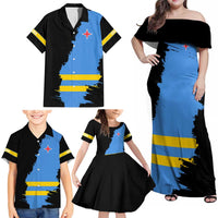 Aruba's Mascot Family Matching Off Shoulder Maxi Dress and Hawaiian Shirt Blended with National Flag Details – Symbolic Design