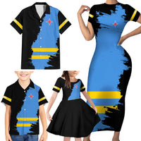 Aruba's Mascot Family Matching Short Sleeve Bodycon Dress and Hawaiian Shirt Blended with National Flag Details – Symbolic Design