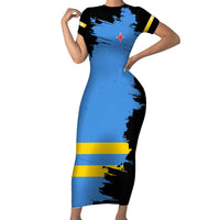 Aruba's Mascot Short Sleeve Bodycon Dress Blended with National Flag Details – Symbolic Design