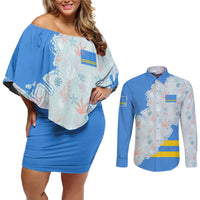Aruba Couples Matching Off Shoulder Short Dress and Long Sleeve Button Shirt with Marine Patterns – Ocean-Inspired Design