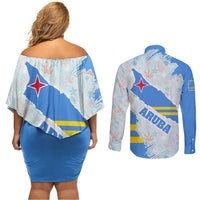 Aruba Couples Matching Off Shoulder Short Dress and Long Sleeve Button Shirt with Marine Patterns – Ocean-Inspired Design