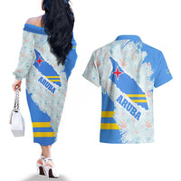 Aruba Couples Matching Off The Shoulder Long Sleeve Dress and Hawaiian Shirt with Marine Patterns – Ocean-Inspired Design