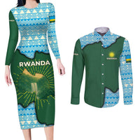 Rwanda Couples Matching Long Sleeve Bodycon Dress and Long Sleeve Button Shirt with Green Nature Map Waterfall Sunburst Spirit