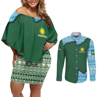 Rwanda Couples Matching Off Shoulder Short Dress and Long Sleeve Button Shirt with Green Nature Map Waterfall Sunburst Spirit
