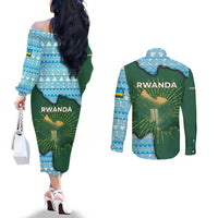 Rwanda Couples Matching Off The Shoulder Long Sleeve Dress and Long Sleeve Button Shirt with Green Nature Map Waterfall Sunburst Spirit
