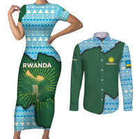 Rwanda Couples Matching Short Sleeve Bodycon Dress and Long Sleeve Button Shirt with Green Nature Map Waterfall Sunburst Spirit