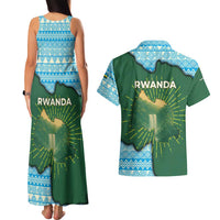 Rwanda Couples Matching Tank Maxi Dress and Hawaiian Shirt with Green Nature Map Waterfall Sunburst Spirit