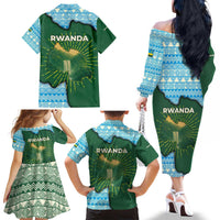 Rwanda Family Matching Off The Shoulder Long Sleeve Dress and Hawaiian Shirt with Green Nature Map Waterfall Sunburst Spirit