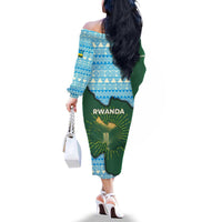 Rwanda Family Matching Off The Shoulder Long Sleeve Dress and Hawaiian Shirt with Green Nature Map Waterfall Sunburst Spirit