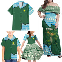 Rwanda Family Matching Off Shoulder Maxi Dress and Hawaiian Shirt with Green Nature Map Waterfall Sunburst Spirit