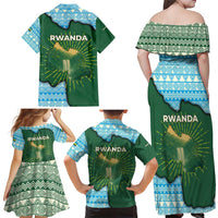 Rwanda Family Matching Off Shoulder Maxi Dress and Hawaiian Shirt with Green Nature Map Waterfall Sunburst Spirit