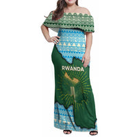 Rwanda Family Matching Off Shoulder Maxi Dress and Hawaiian Shirt with Green Nature Map Waterfall Sunburst Spirit