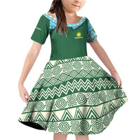 Rwanda Family Matching Off Shoulder Short Dress and Hawaiian Shirt with Green Nature Map Waterfall Sunburst Spirit