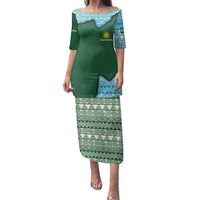 Rwanda Family Matching Puletasi and Hawaiian Shirt with Green Nature Map Waterfall Sunburst Spirit