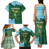 Rwanda Family Matching Tank Maxi Dress and Hawaiian Shirt with Green Nature Map Waterfall Sunburst Spirit