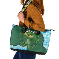Rwanda Leather Tote Bag with Green Nature Map Waterfall Sunburst Spirit