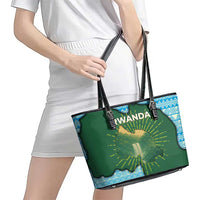 Rwanda Leather Tote Bag with Green Nature Map Waterfall Sunburst Spirit