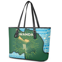 Rwanda Leather Tote Bag with Green Nature Map Waterfall Sunburst Spirit