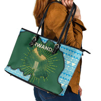 Rwanda Leather Tote Bag with Green Nature Map Waterfall Sunburst Spirit
