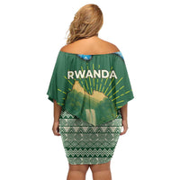 Rwanda Off Shoulder Short Dress with Green Nature Map Waterfall Sunburst Spirit