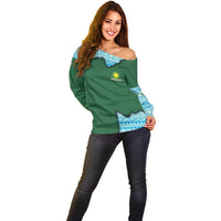 Rwanda Off Shoulder Sweater with Green Nature Map Waterfall Sunburst Spirit