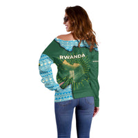Rwanda Off Shoulder Sweater with Green Nature Map Waterfall Sunburst Spirit