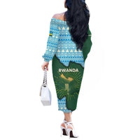 Rwanda Off The Shoulder Long Sleeve Dress with Green Nature Map Waterfall Sunburst Spirit