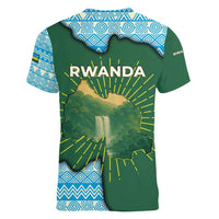 Rwanda Women V-Neck T-Shirt with Green Nature Map Waterfall Sunburst Spirit