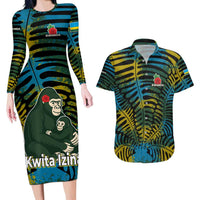 Rwanda Couples Matching Long Sleeve Bodycon Dress and Hawaiian Shirt with Gorilla Family Kwita Izina Leaf Jungle Spirit