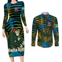 Rwanda Couples Matching Long Sleeve Bodycon Dress and Long Sleeve Button Shirt with Gorilla Family Kwita Izina Leaf Jungle Spirit