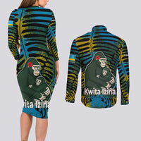 Rwanda Couples Matching Long Sleeve Bodycon Dress and Long Sleeve Button Shirt with Gorilla Family Kwita Izina Leaf Jungle Spirit